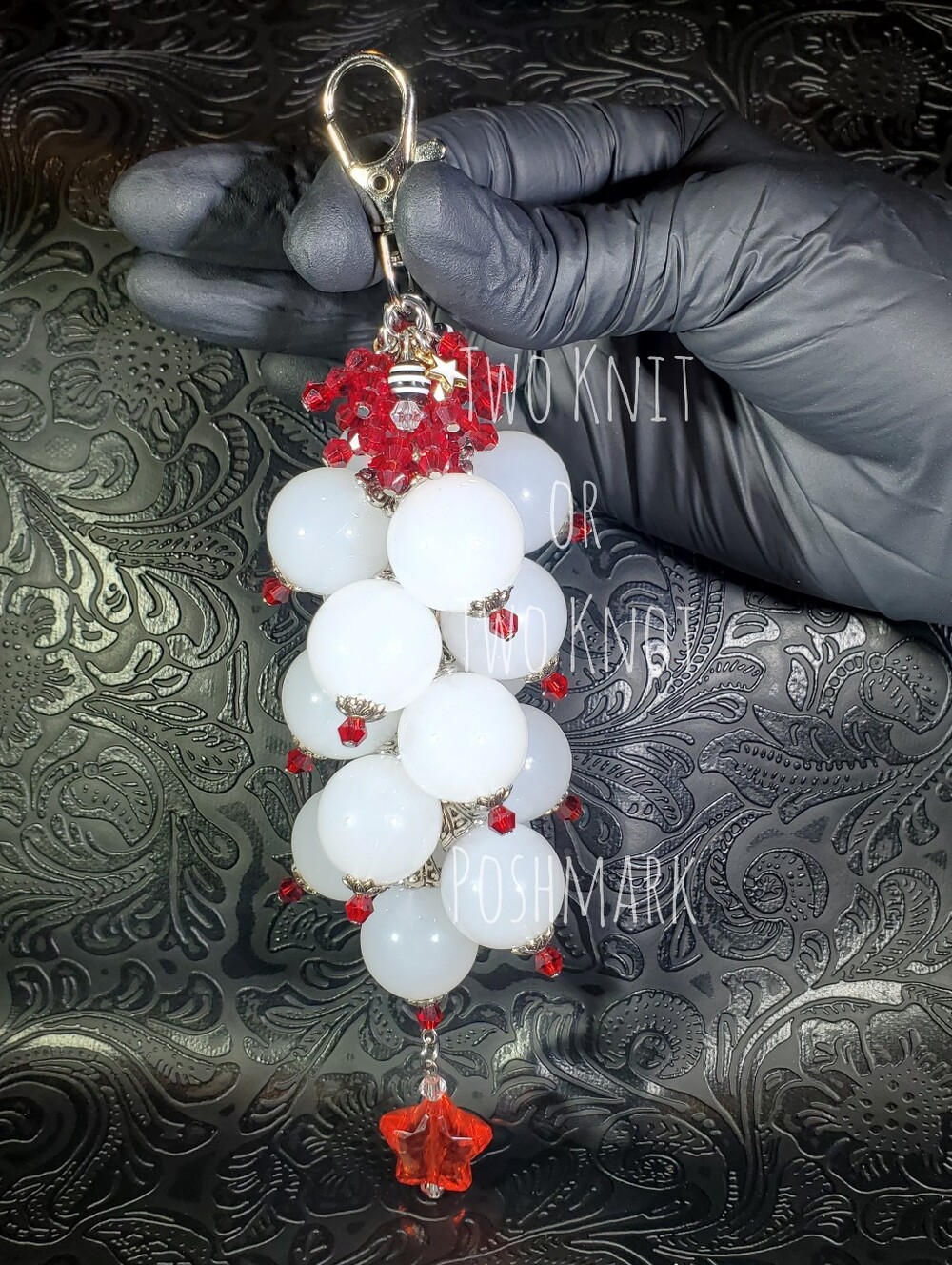 NWT Red Silver White Chunky Clasp Keychain Red Glass Bicone Purse Keys Bag Charm